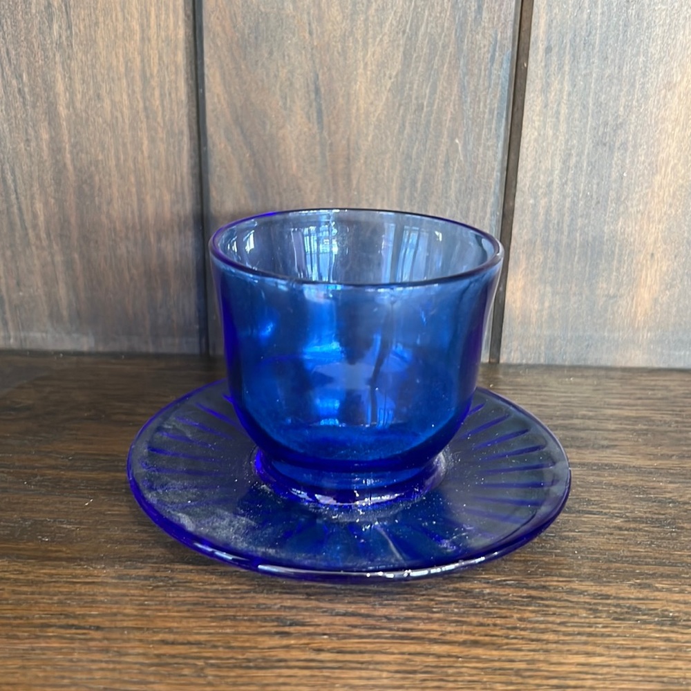 Vintage Cobalt Blue Depression Glass Cup with attached Underplate Saucer